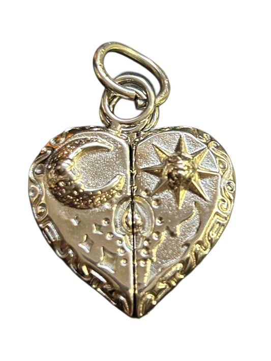 Vintage 3 Piece Heart Locket Charm - Celestial Moon & Sun